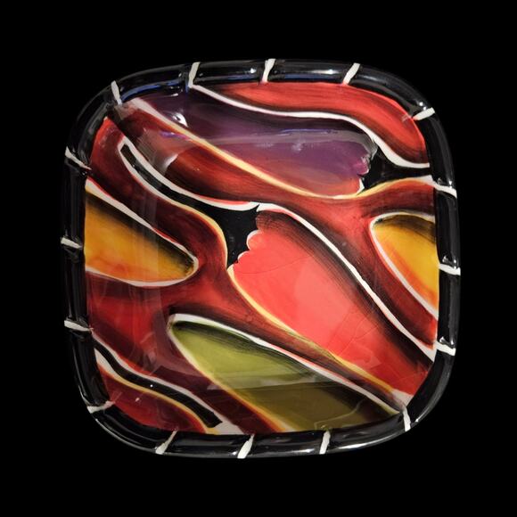 Clay Art Handpainted Square Plates Set of 4 Multicolor Abstract Pattern - Picture 3 of 7